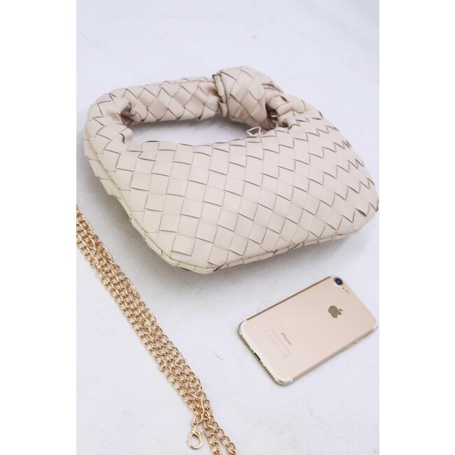 Cremefarbene gewebte Umhängetasche aus Kunstleder mit Knopfdetail und zusätzlichem Henkel