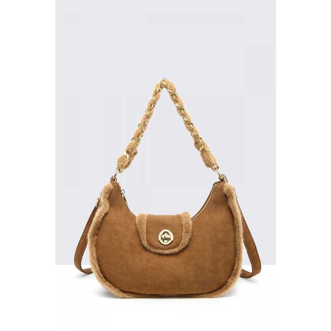 Camel Wildleder-Umhängetasche mit Fellbesatz und goldenem Kettenhenkel