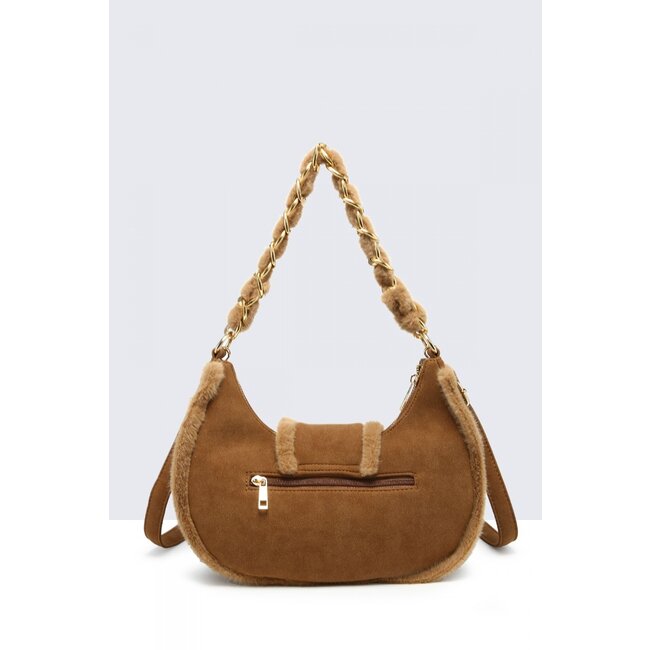 Camel Wildleder-Umhängetasche mit Fellbesatz und goldenem Kettenhenkel