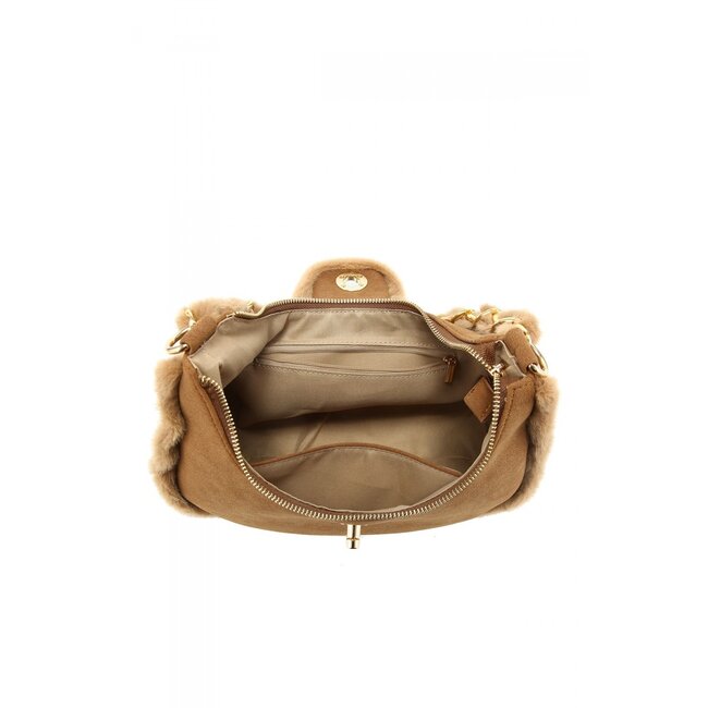 Camel Wildleder-Umhängetasche mit Fellbesatz und goldenem Kettenhenkel