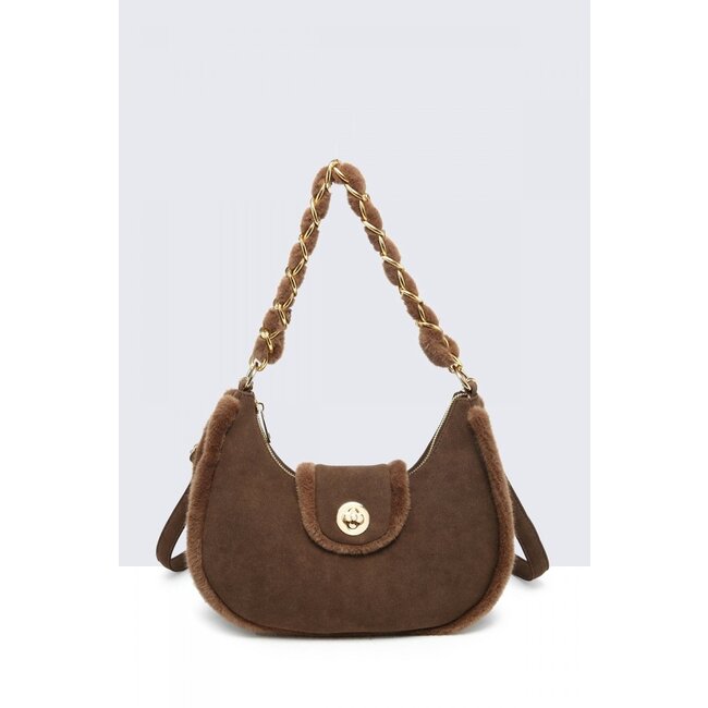 Braune Wildleder-Umhängetasche mit Fellbesatz und goldenem Kettenhenkel