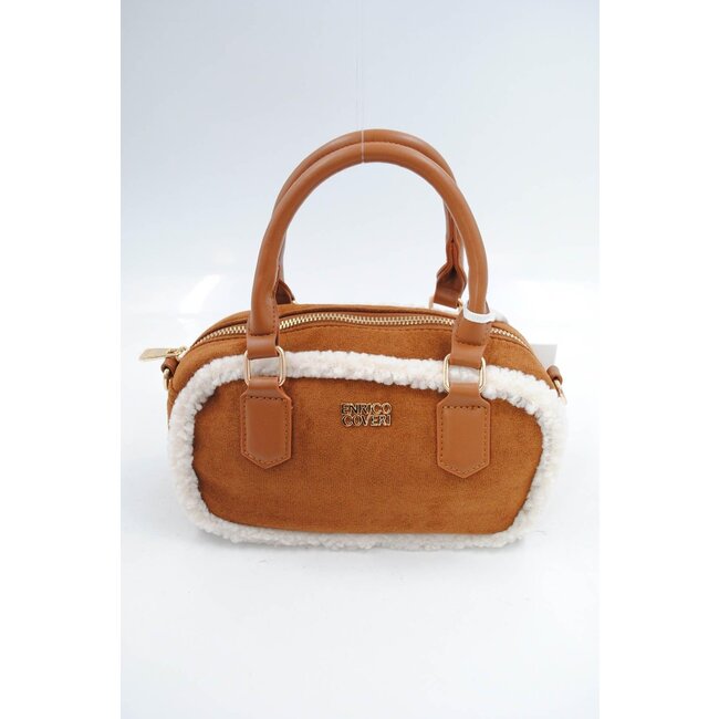 Camel Wildleder Handtasche mit weißem Pelzbesatz und langem Schulterriemen