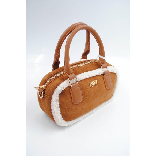 Camel Wildleder Handtasche mit weißem Pelzbesatz und langem Schulterriemen