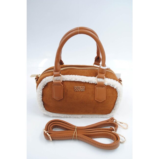 Camel Wildleder Handtasche mit weißem Pelzbesatz und langem Schulterriemen