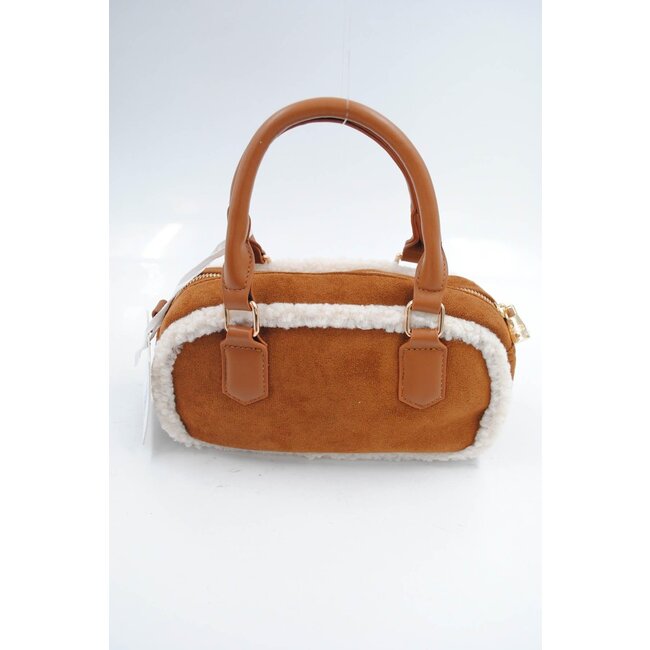 Camel Wildleder Handtasche mit weißem Pelzbesatz und langem Schulterriemen