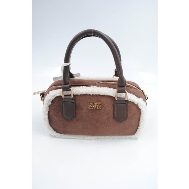 Braune Wildlederhandtasche mit weißem Pelzbesatz und langem Schulterriemen