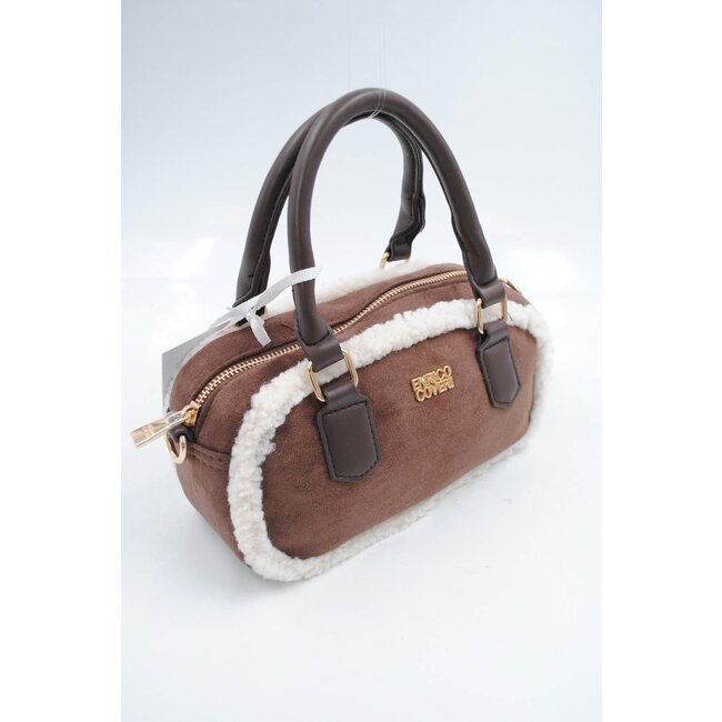 Braune Wildlederhandtasche mit weißem Pelzbesatz und langem Schulterriemen