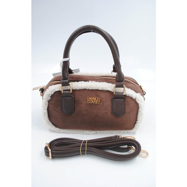 Braune Wildlederhandtasche mit weißem Pelzbesatz und langem Schulterriemen