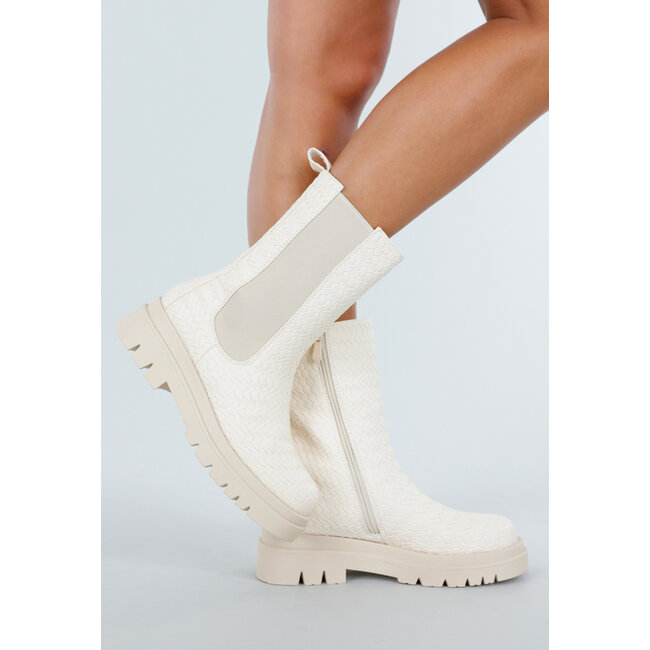 Beigefarbene Chelsea Boots mit gewebten Details und klobiger Sohle