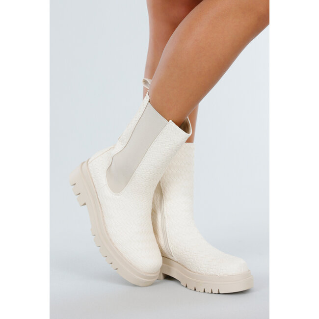 Beigefarbene Chelsea Boots mit gewebten Details und klobiger Sohle