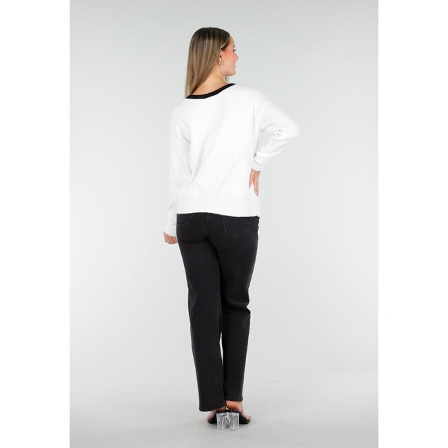 Weißer Cardigan mit schwarzen Schleifen und langen Ärmeln