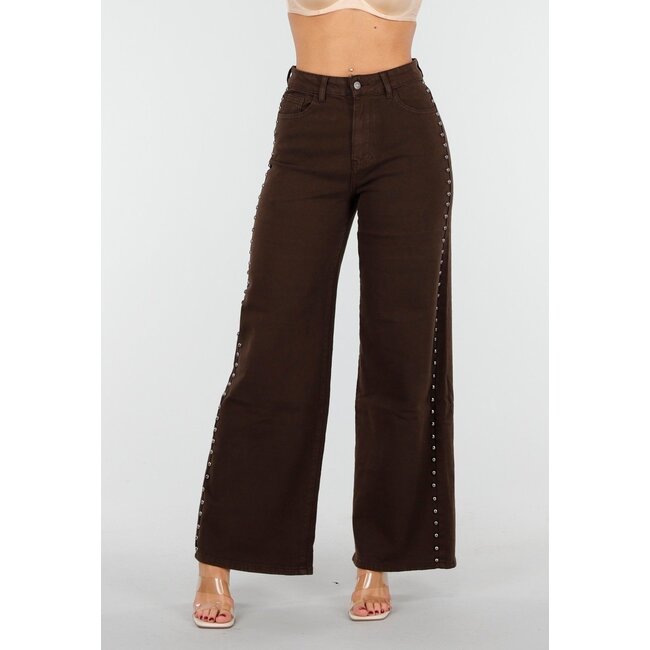 Dunkelbraune High Waist Wide Leg Jeans mit silbernen Nieten