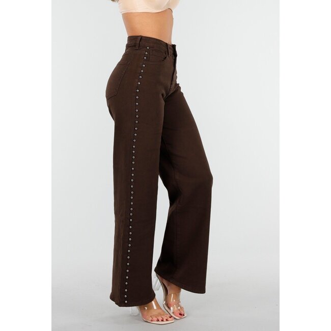 Dunkelbraune High Waist Wide Leg Jeans mit silbernen Nieten