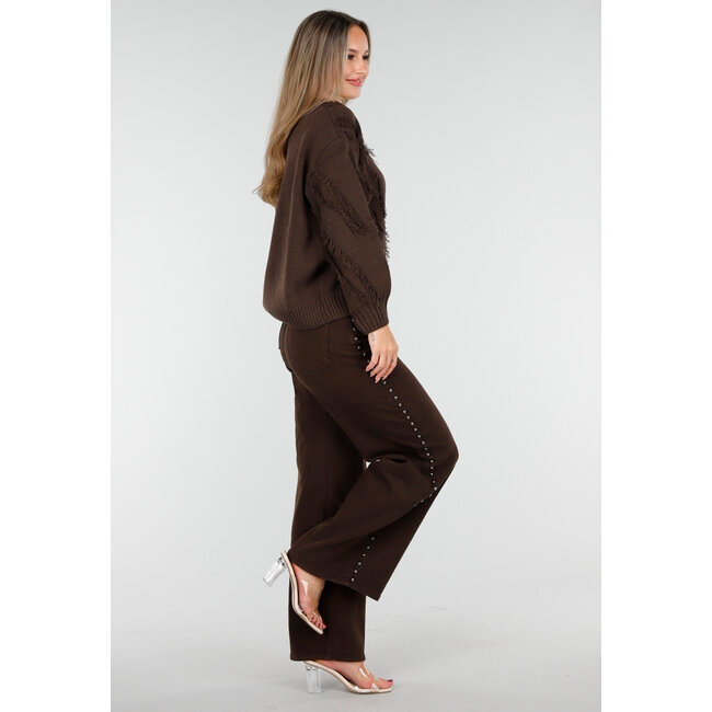 Dunkelbraune High Waist Wide Leg Jeans mit silbernen Nieten