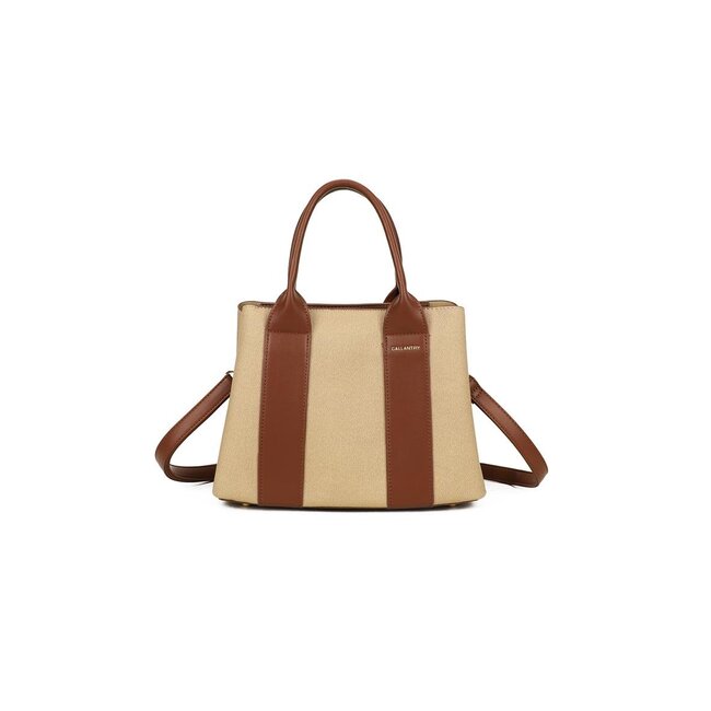 Beige Handtasche mit braunen Akzenten und doppelten Griffen