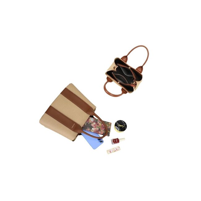 Beige Handtasche mit braunen Akzenten und doppelten Griffen