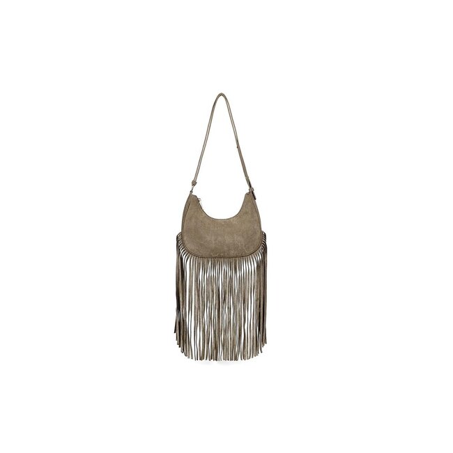 Taupe Shoulder Bag mit Wildlederoptik und langen Fransen