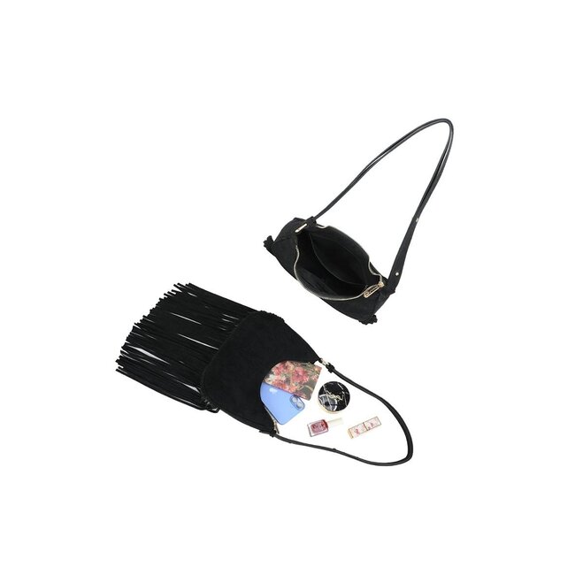 Schwarze Umhängetasche im Wildleder-Look mit langen Fransen