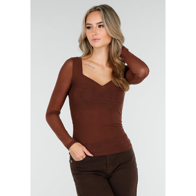 Braunes Mesh-Oberteil mit langen Ärmeln und herzförmigem Ausschnitt