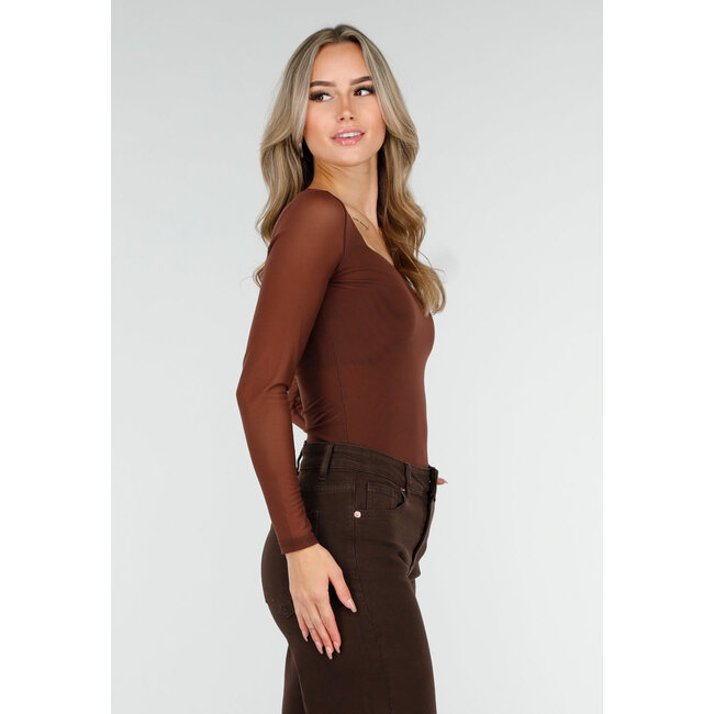 Braunes Mesh-Oberteil mit langen Ärmeln und herzförmigem Ausschnitt