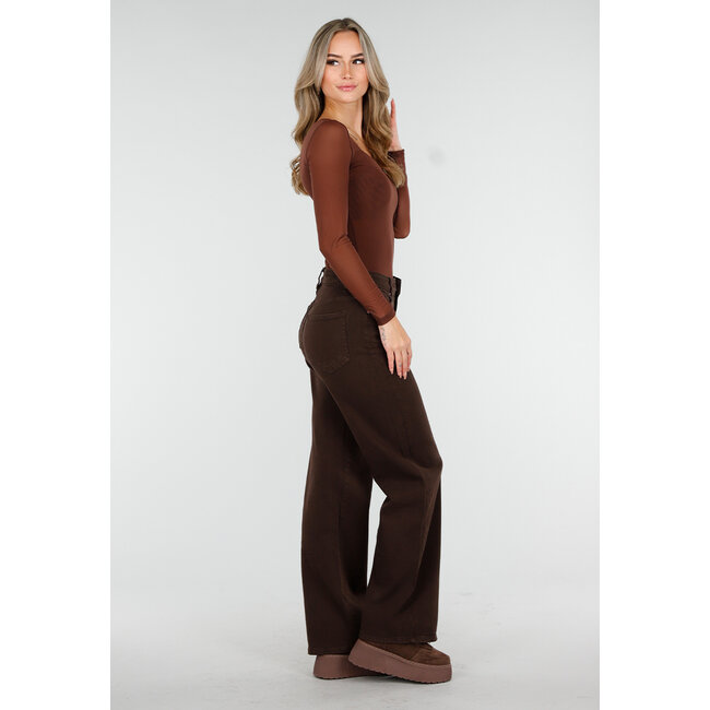 Braunes Mesh-Oberteil mit langen Ärmeln und herzförmigem Ausschnitt