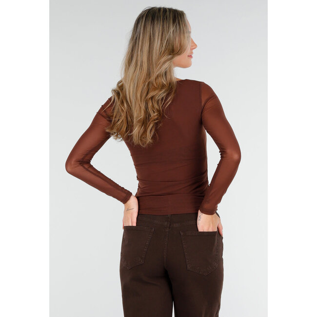 Braunes Mesh-Oberteil mit langen Ärmeln und herzförmigem Ausschnitt