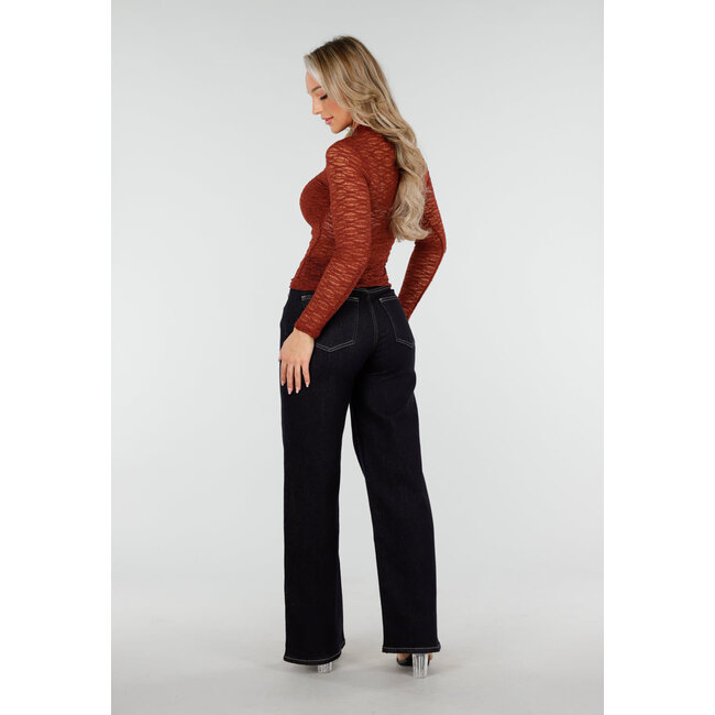 Rostbrauner transparenter Spitzenoberteil mit langen Ärmeln und hohem Kragen