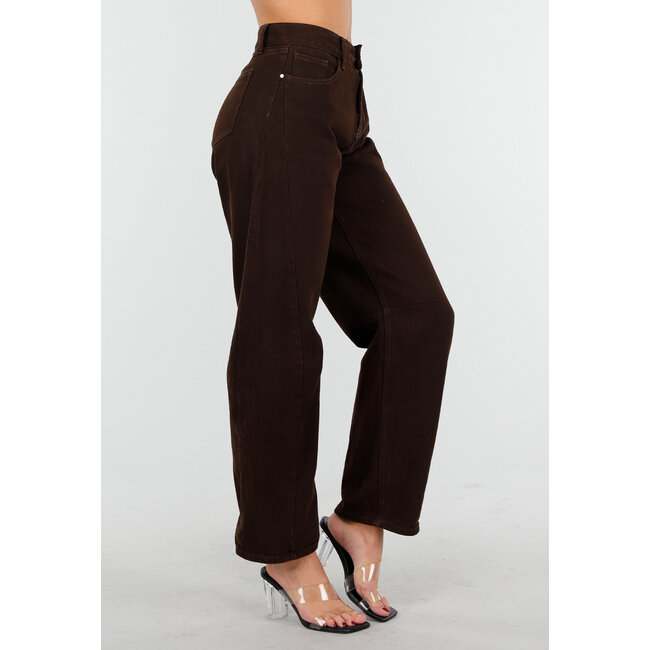 Dunkelbraune, hoch taillierte, locker sitzende, konisch zulaufende Hose mit Seitentaschen