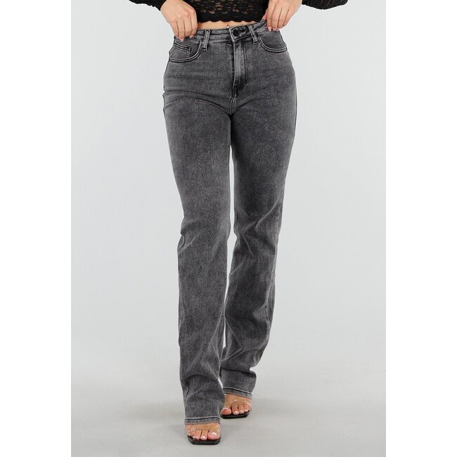 Graue High Waist Straight Leg Stretch Jeans mit dezenter Waschung