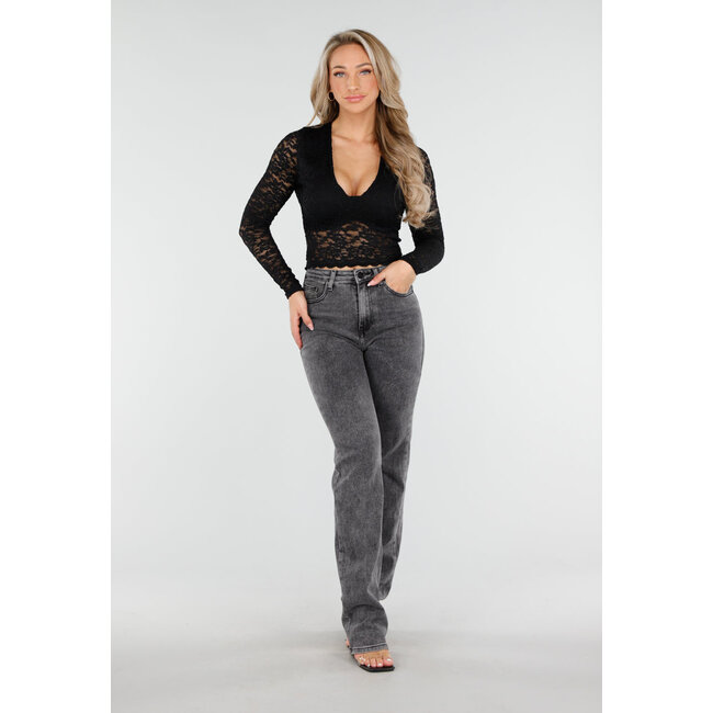 Graue High Waist Straight Leg Stretch Jeans mit dezenter Waschung