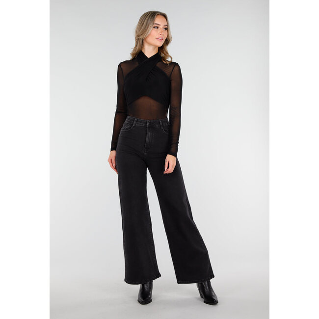 Schwarze High-Waist-Jeans mit weitem Bein und geradem Schnitt