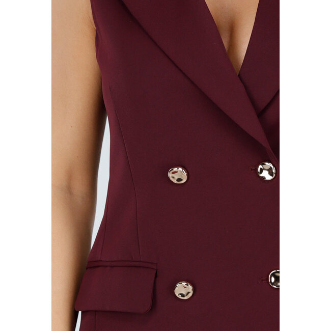 Bordeauxrotes, ärmelloses Blazerkleid mit doppelter Knopfleiste und Reverskragen