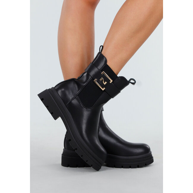 Schwarze Stiefeletten mit klobiger Sohle, Reißverschluss und goldfarbener Schnalle