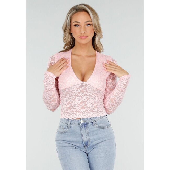 Hellrosa Crop Top mit Spitze und langen Ärmeln