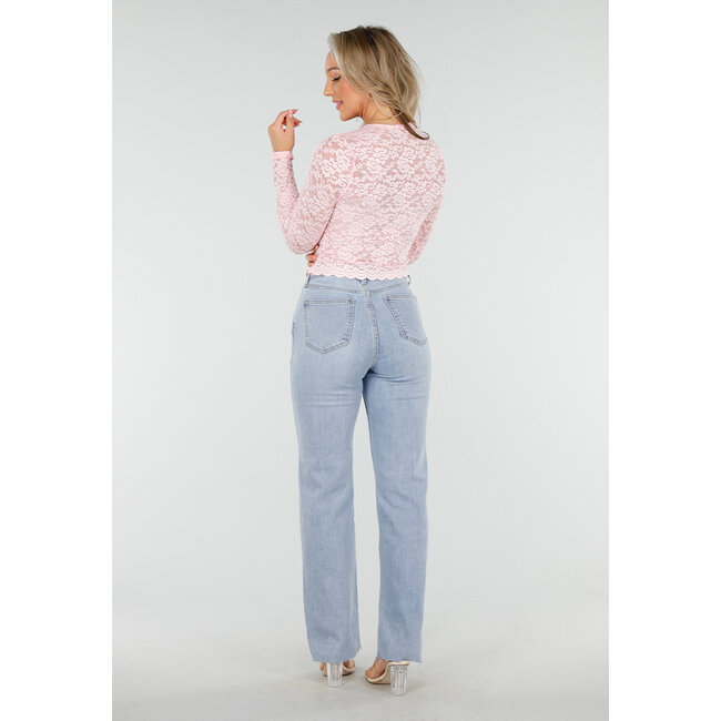 Hellrosa Crop Top mit Spitze und langen Ärmeln