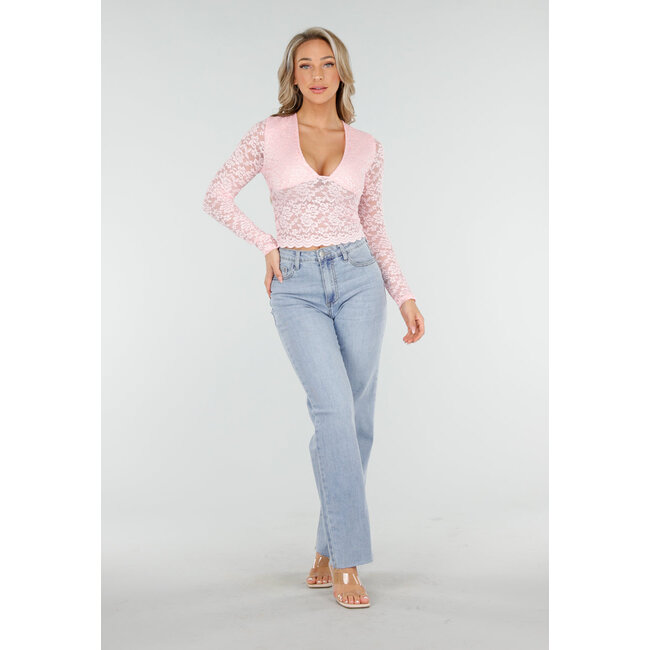 Hellrosa Crop Top mit Spitze und langen Ärmeln