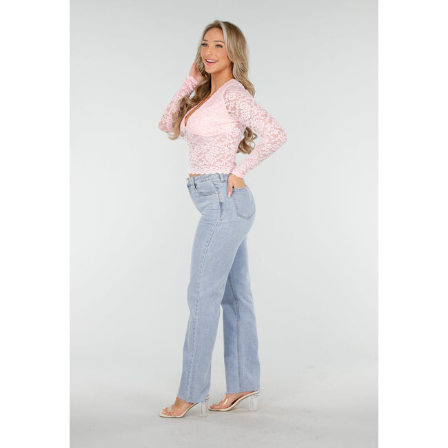 Hellrosa Crop Top mit Spitze und langen Ärmeln