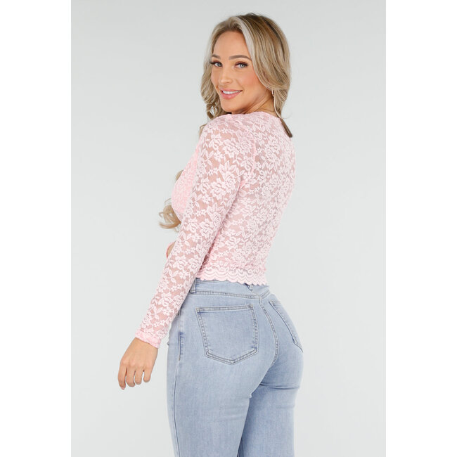 Hellrosa Crop Top mit Spitze und langen Ärmeln