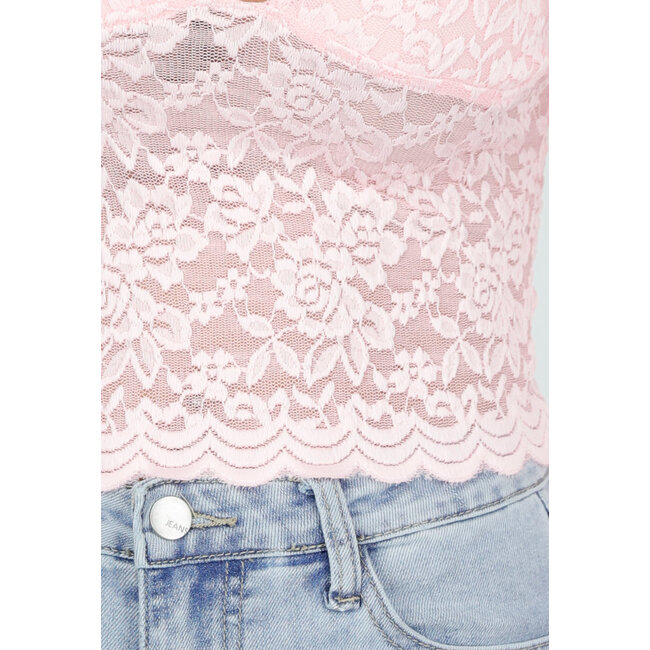 Hellrosa Crop Top mit Spitze und langen Ärmeln