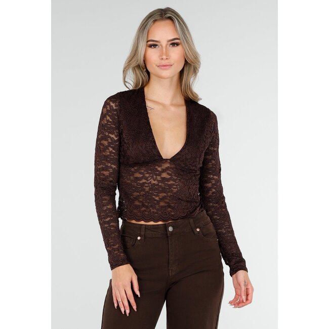 Braunes Crop-Top mit Spitze und langen Ärmeln