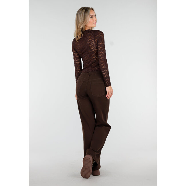 Braunes Crop-Top mit Spitze und langen Ärmeln