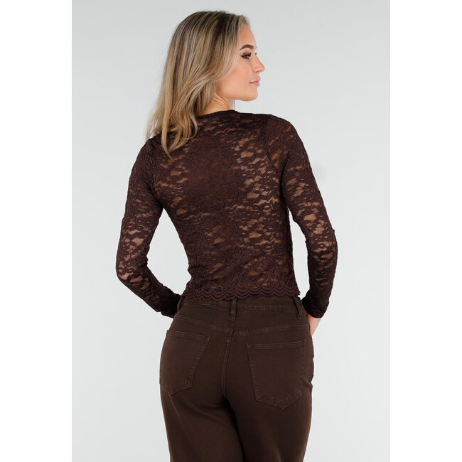 Braunes Crop-Top mit Spitze und langen Ärmeln