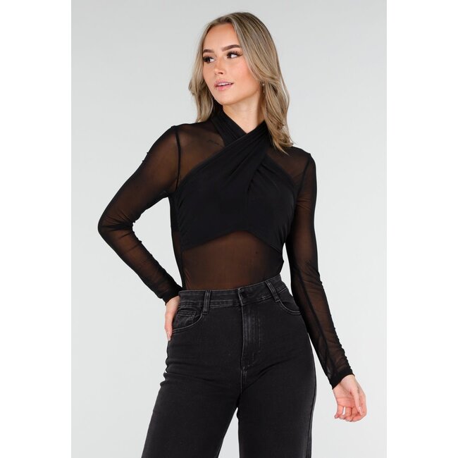 Mesh-Crop-Top mit Kreuzhalsausschnitt