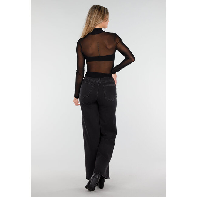 Schwarzes Mesh-Crop-Top mit Wasserfallausschnitt und Stretchanteil