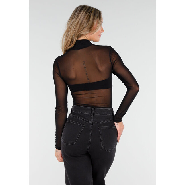 Schwarzes Mesh-Crop-Top mit Wasserfallausschnitt und Stretchanteil