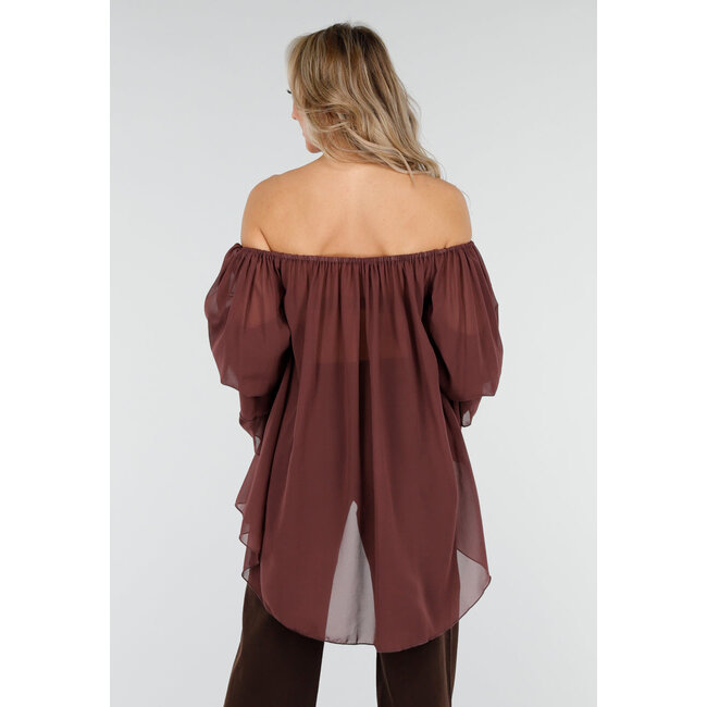 Dunkelbraune Off-Shoulder-Bluse mit weiten Ärmeln und Volant
