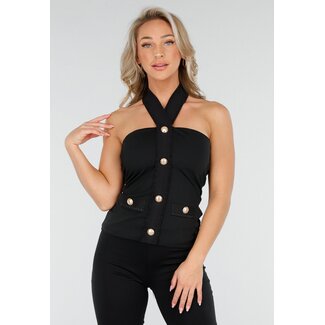 Schwarzes Neckholder-Top mit Knöpfen