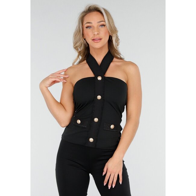Schwarzes Neckholder-Top mit Knöpfen