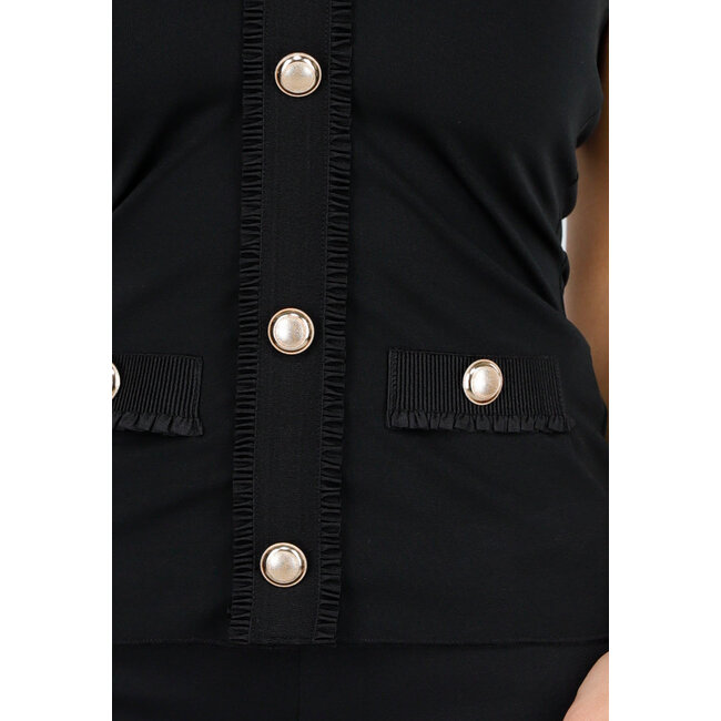 Schwarzes Neckholder-Top mit goldfarbenen Knöpfen und Taschendetails aus robustem Stretchstoff