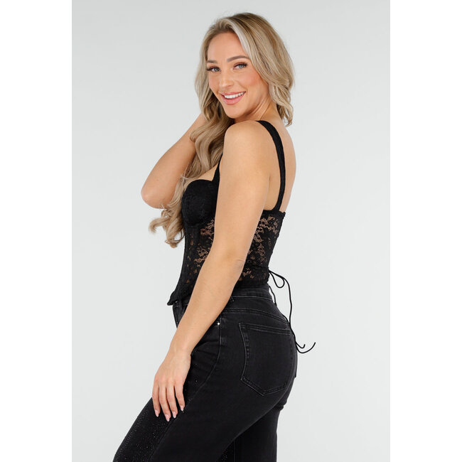 Schwarzes Spitzenkorsett-Oberteil mit Bügeln und gepolsterten Cups